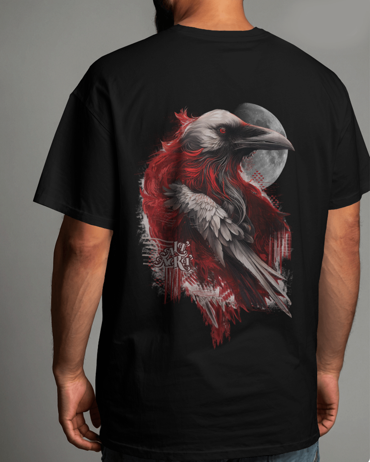Gothic Raven Abstract Art Black Oversized T-Shirt for Men - Artistic Graphic Streetwear