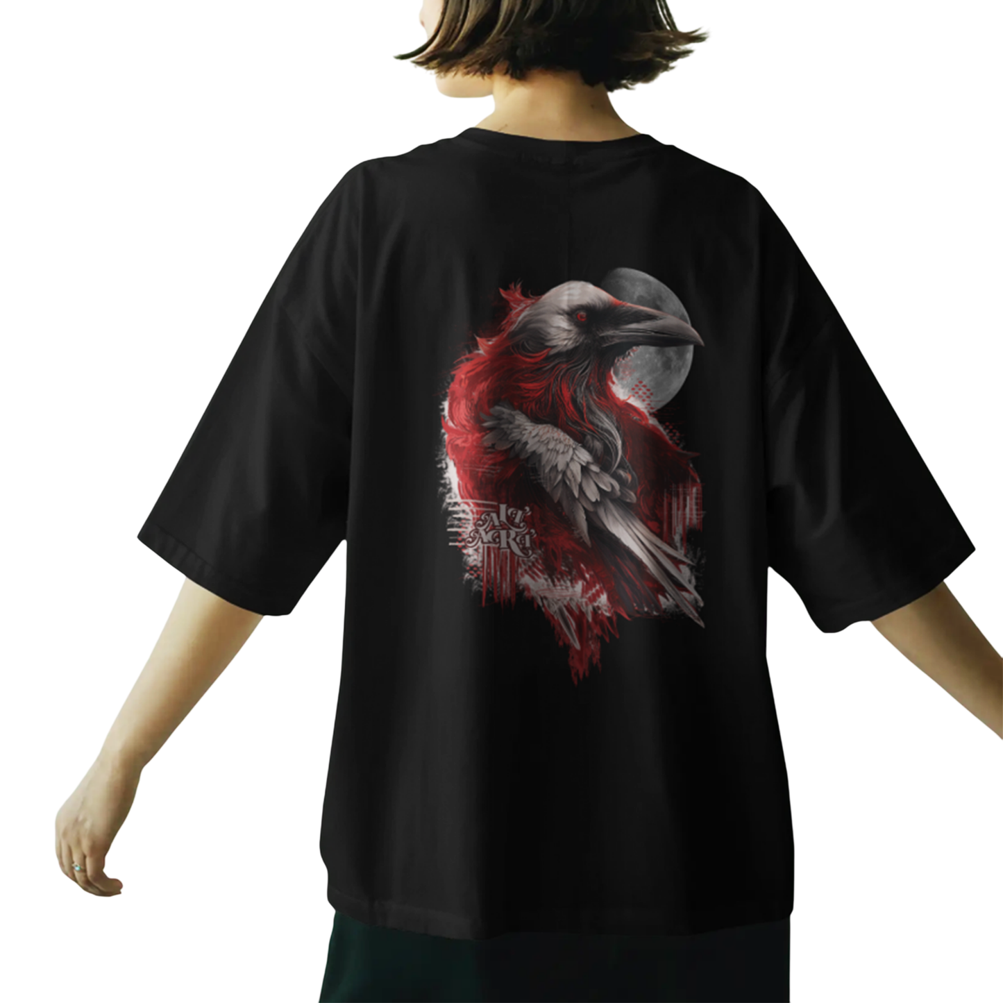 Gothic Raven Abstract Art Black Oversized T-Shirt for Women | Artistic Streetwear