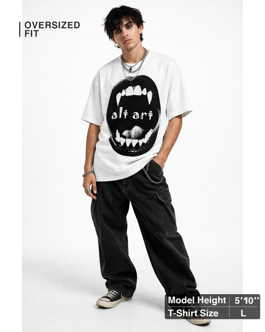 Gothic Vampire Mouth Oversized T Shirt for Men | Vampire Fangs Graphic Printed Oversized T Shirt | Boxy Fit Premium Streetwear Tee