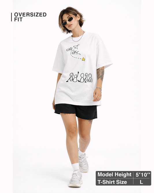 Minimal Doodle Graphic White Oversized T Shirt for Women | Aesthetic Oversized Tee