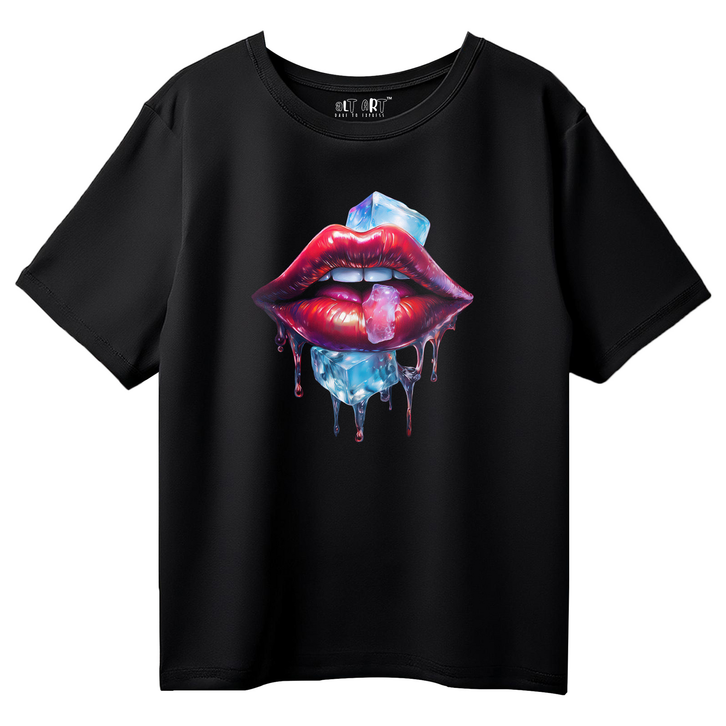 Icy Lips Graphic Black Oversized T-Shirt for Women – Aesthetic Streetwear Tee