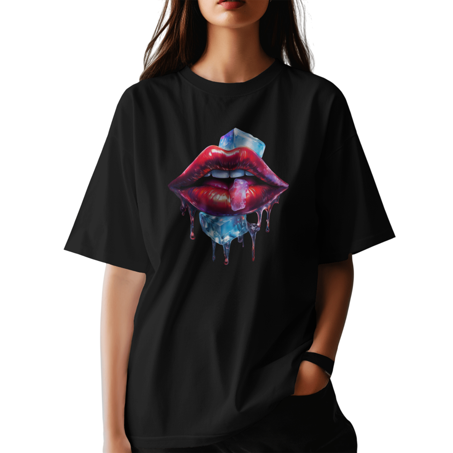 Icy Lips Graphic Black Oversized T-Shirt for Women – Aesthetic Streetwear Tee