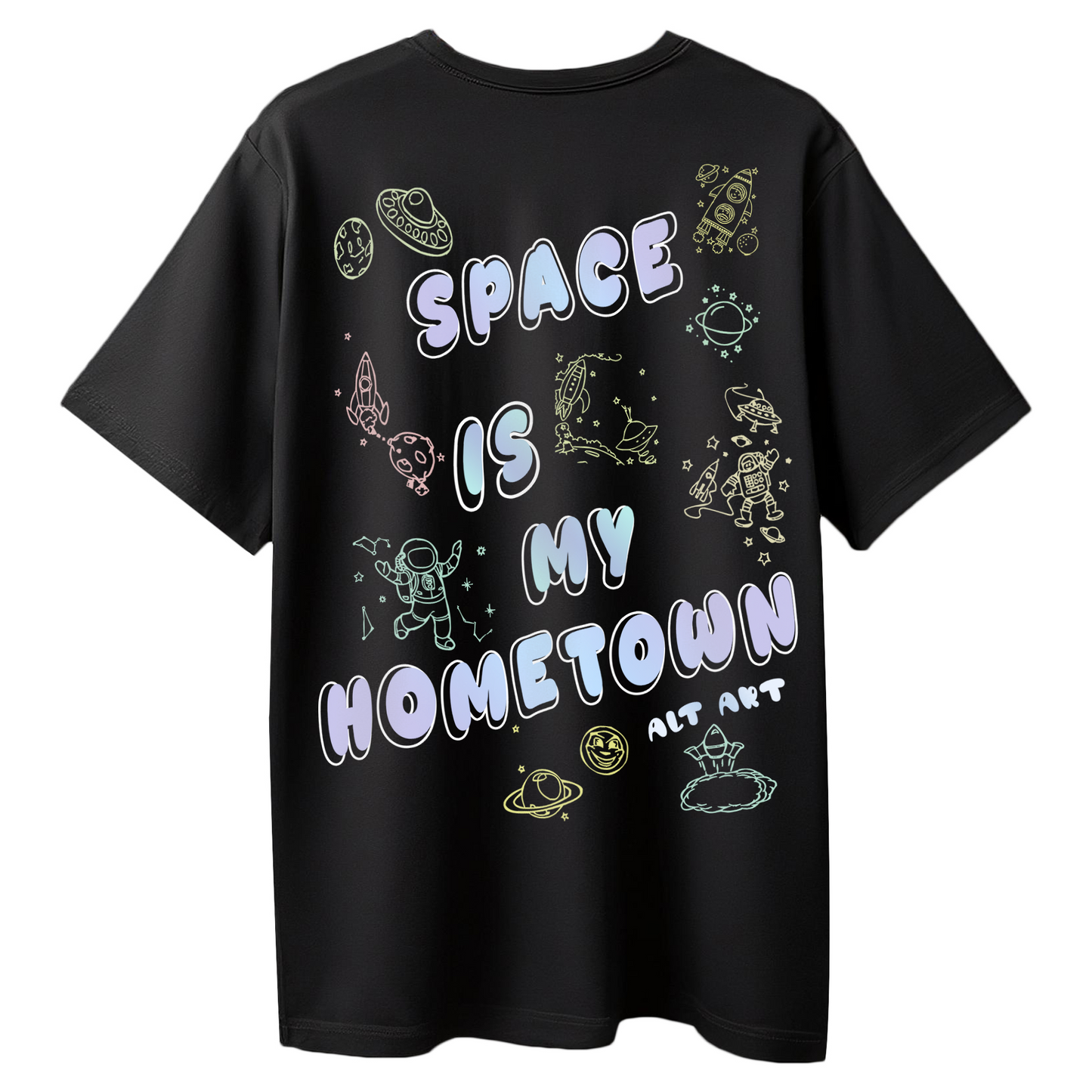 Space is My Hometown Women’s Black Oversized T-Shirt – Trendy Astronaut Graphic Tee for Women & Girls