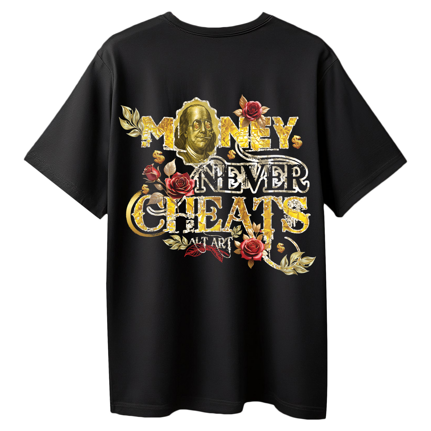 Money Never Cheats Men's Black Graphic Printed Oversized T-Shirt
