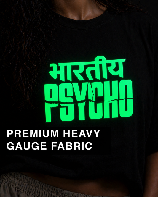 Bhartiya Psycho Oversized T Shirt for Women | Glow in Dark Graphic Printed Oversized T Shirt | Hindi Typography Boxy Fit Streetwear Tee