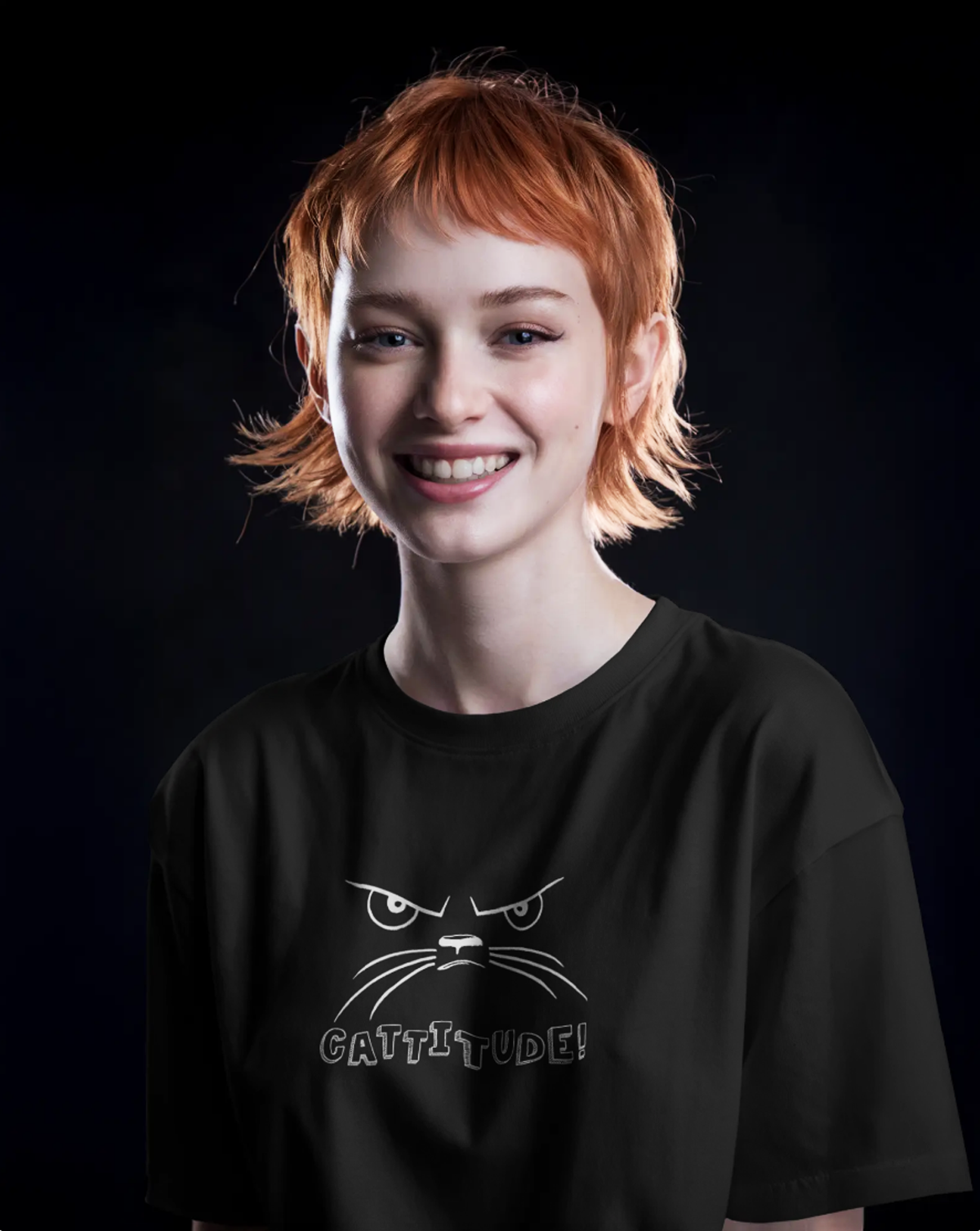 Catitude Cat Graphic Black Oversized T-Shirt for Women & Girls | Cat Print Oversized T-Shirt