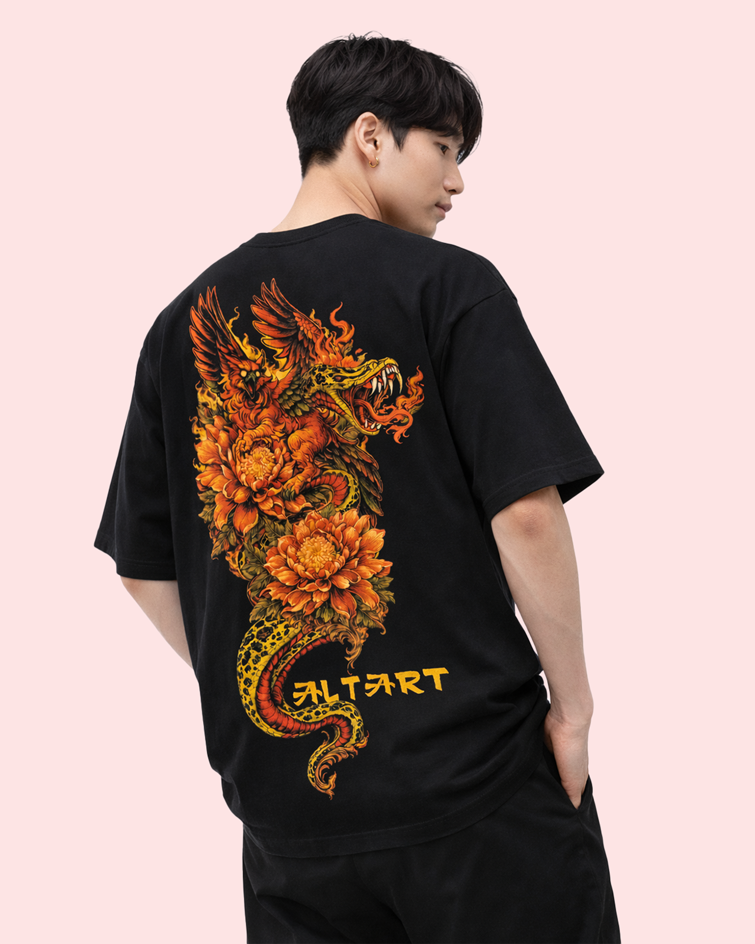 Dragon Phoenix Gothic Black Oversized T-Shirt for Men | Graphic