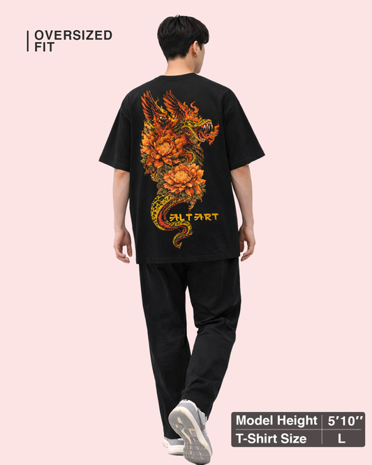 Dragon Phoenix Gothic Black Oversized T-Shirt for Men | Graphic Streetwear T-Shirt