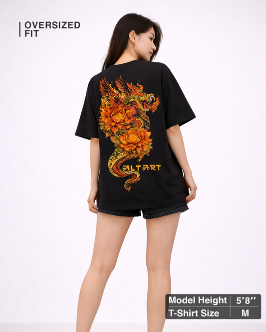 Dragon Phoenix Gothic Black Oversized T-Shirt for Women | Graphic Streetwear T-Shirt