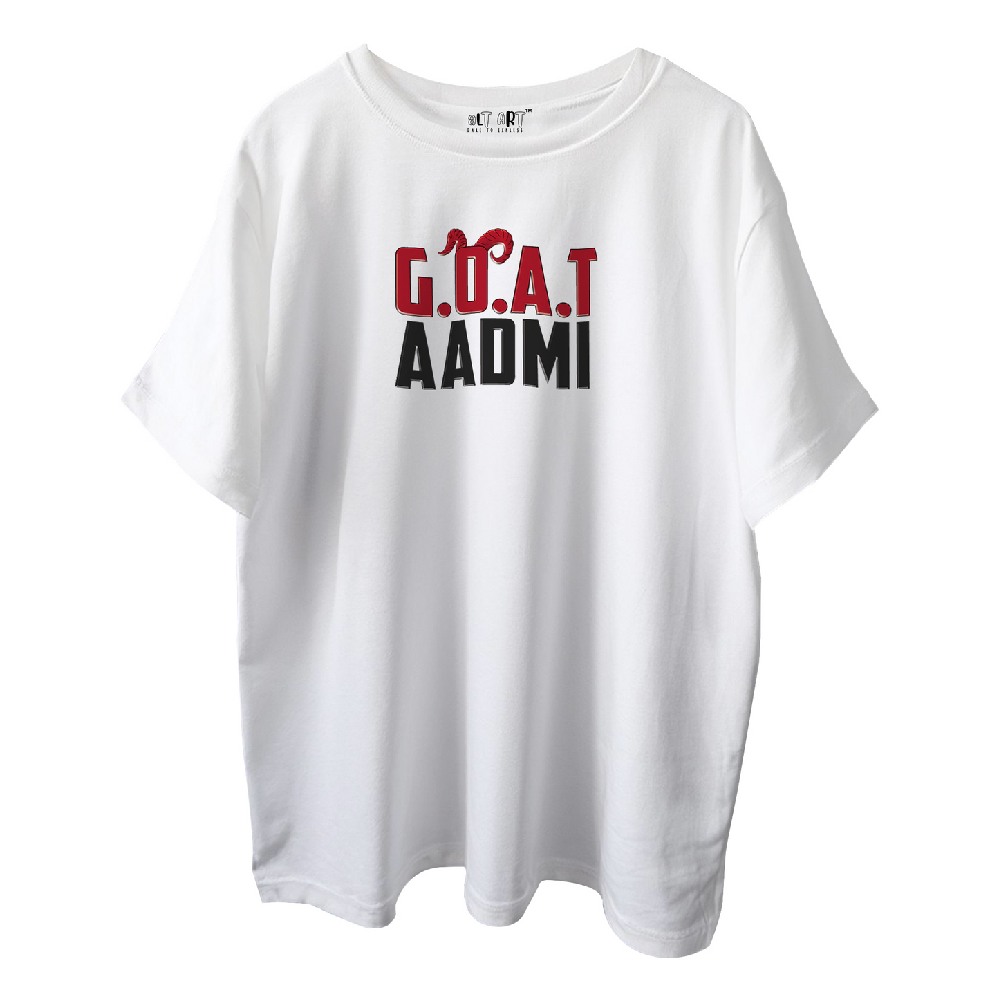 GOAT Aadmi Funny Graphic Oversized T-Shirt for Men & Boys White – Sarcastic Graphic Printed Drop Shoulder 100% Cotton T-Shirt