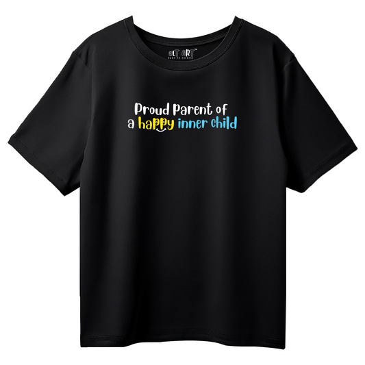 Proud Parent of a Happy Inner Child – Black Oversized Fit T-Shirt for Women & Girls