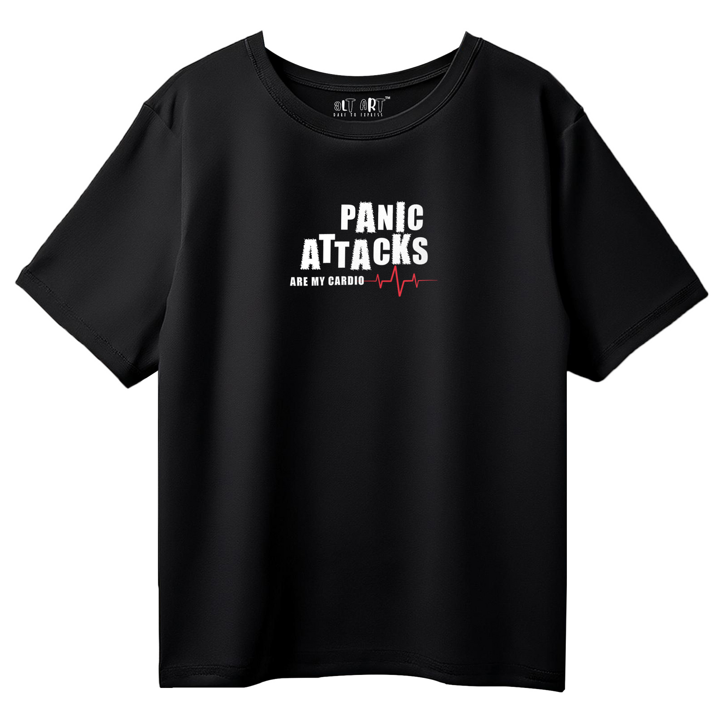 Panic Attacks Are My Cardio Black Funny Graphic Oversized T-Shirt for Men & Boys – Sarcastic Graphic Printed Drop Shoulder 100% Cotton T-Shirt