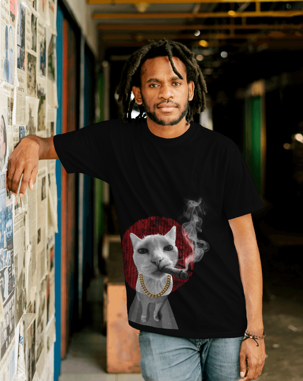 Gangster Billa Black Oversized Cat T-Shirt for Men | Funny Streetwear Graphic Printed T-Shirt