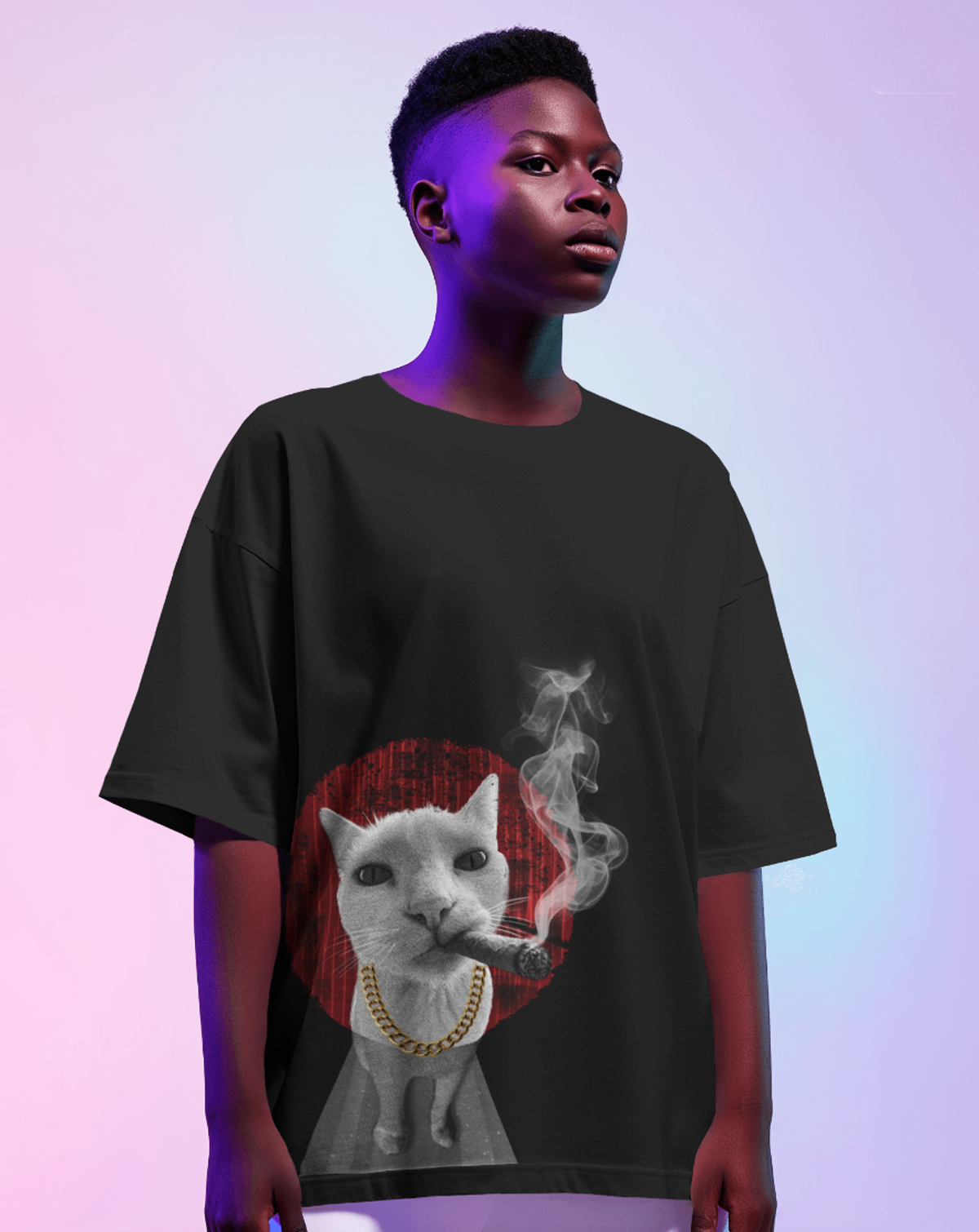 Gangster Billa Black Oversized Cat T-Shirt for Women & Girls - Funny Streetwear Graphic Printed T-Shirt