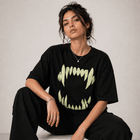 Glow in Dark Monster Mouth Oversized T Shirt for Women | Gothic Graphic Printed Black Oversized T Shirt | Boxy Fit Premium Streetwear Tee