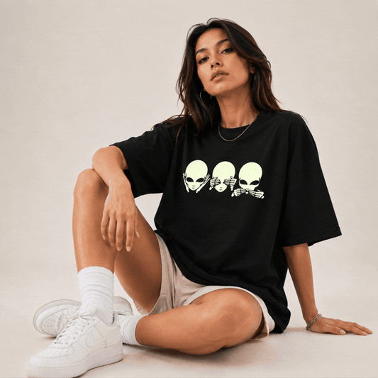 Glow in Dark Alien Oversized T Shirt for Women | See No Evil Hear No Evil Speak No Evil Graphic Tee | Gothic Streetwear Boxy Fit