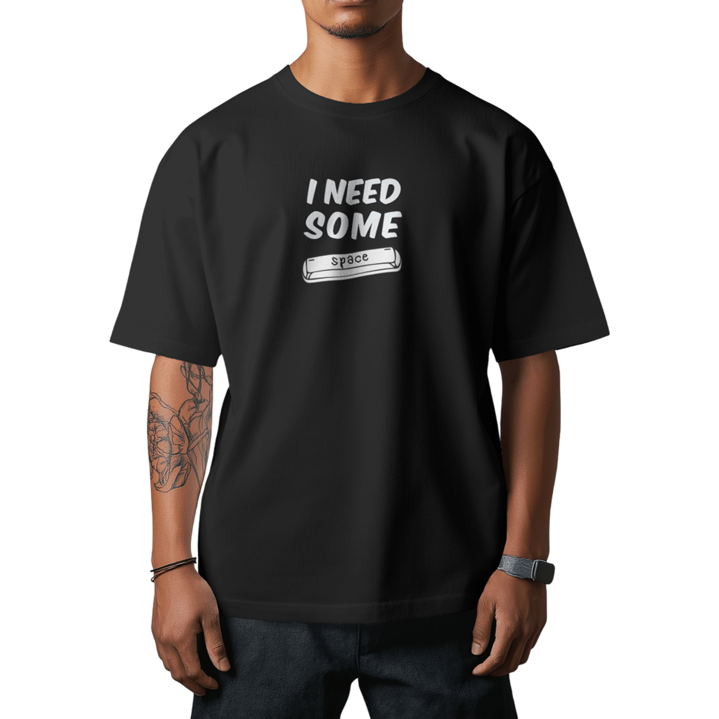 Men's Black I Need Some Space Graphic Printed Oversized T-shirt