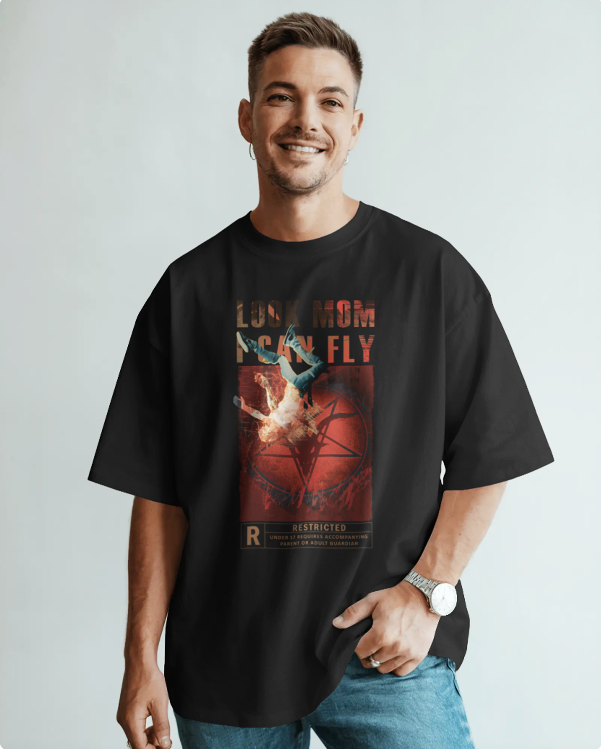 Look Mom I Can Fly Black Oversized T-Shirt for Men | Streetwear Graphic Printed 100% Cotton Tee