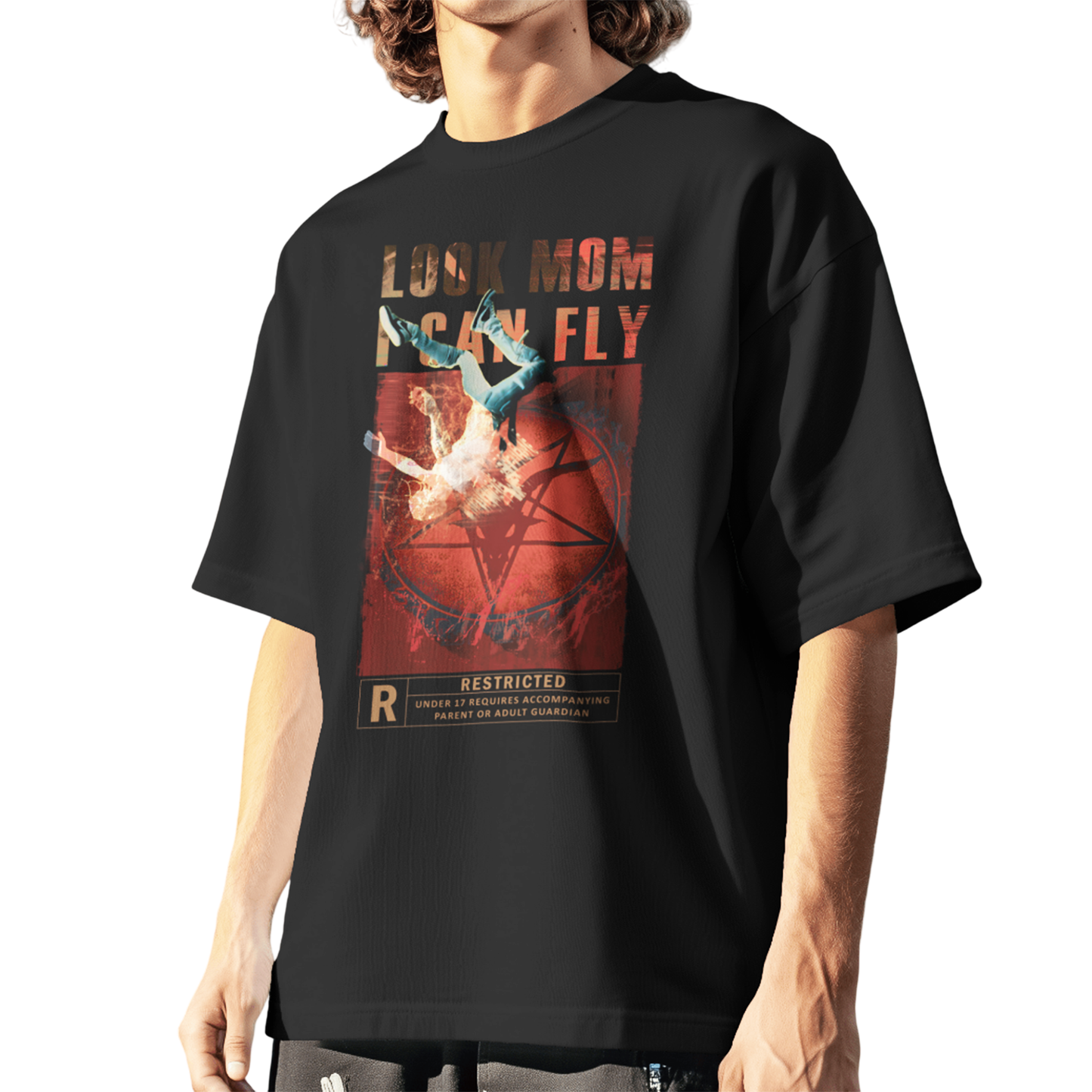 Look Mom I Can Fly Black Oversized T-Shirt for Men | Streetwear Graphic Printed 100% Cotton Tee