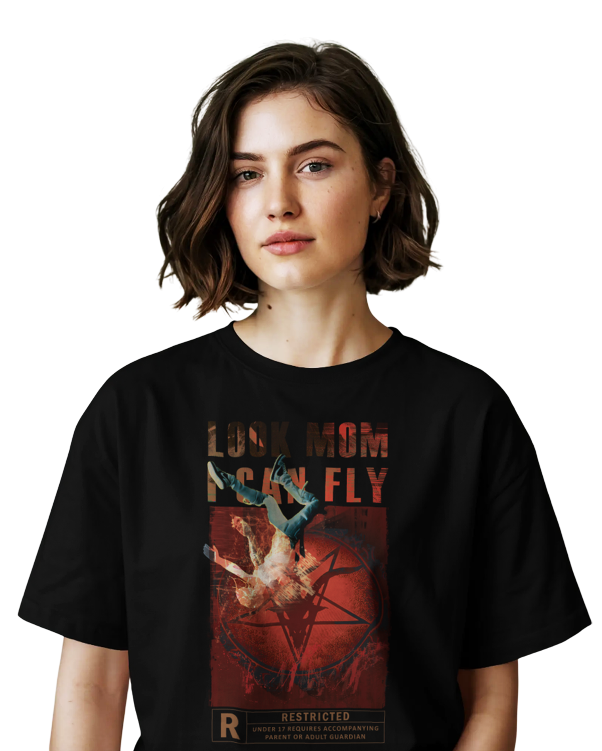 Look Mom I Can Fly Oversized Black T-Shirt for Women | Streetwear Graphic Printed Cotton Tee