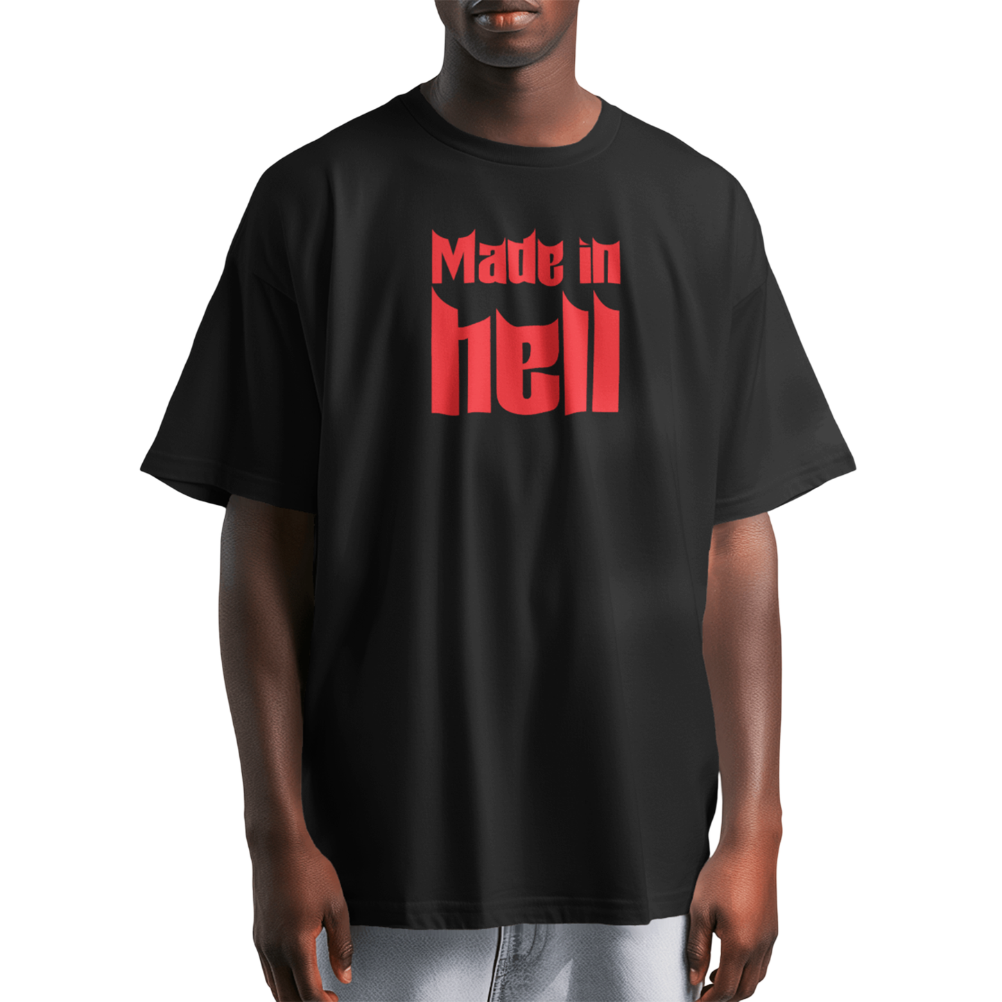 Made in Hell Black Oversized T-Shirt for Men | Gothic Streetwear Graphic Tee