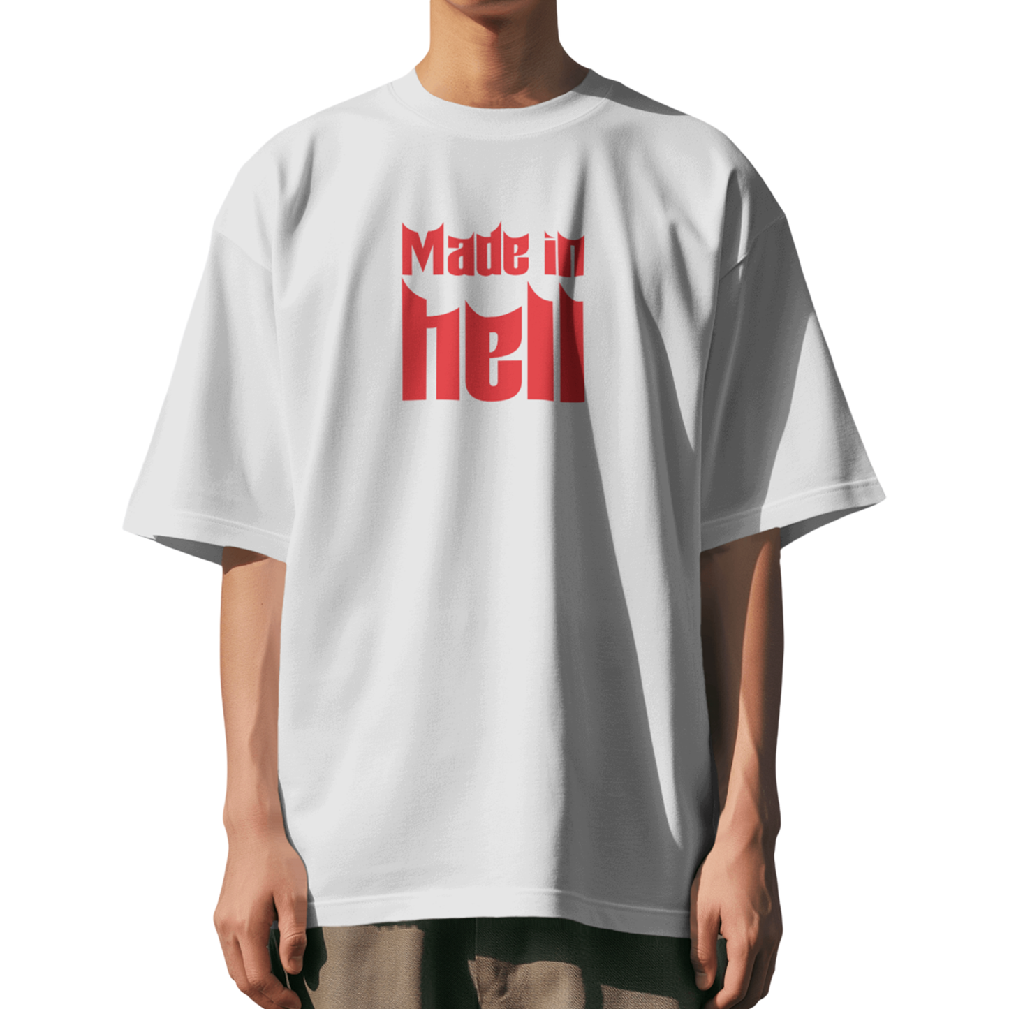 Made in Hell White Oversized T-Shirt for Men & Boys | Gothic Streetwear Graphic Tee