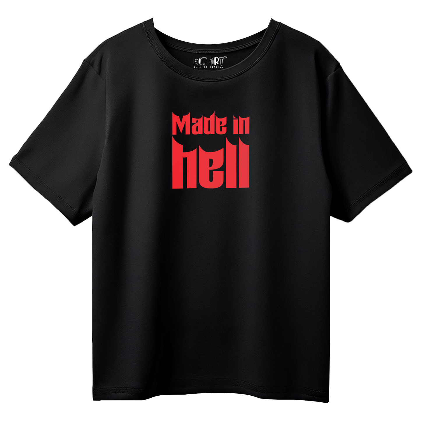 Made in Hell Black Oversized T-Shirt for Women | Gothic Streetwear Graphic Tee
