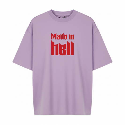 Made In Hell Graphic Oversized T-Shirt for Men | Lavender Streetwear Cotton T-Shirt