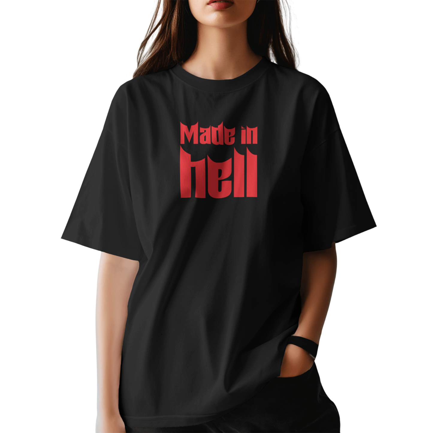 Made in Hell Black Oversized T-Shirt for Women | Gothic Streetwear Graphic Tee