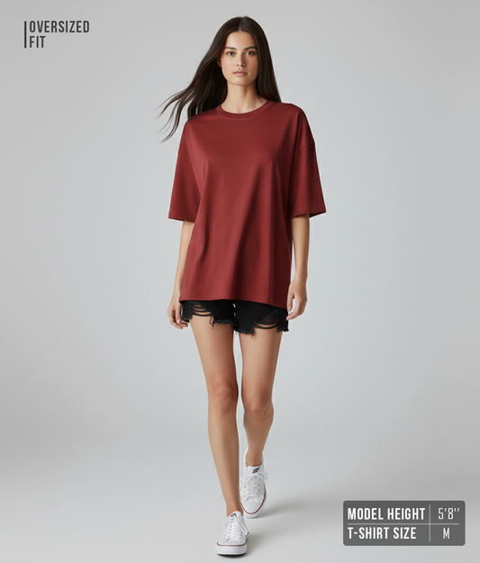 Maroon Solid Oversized T-Shirt for Women | Heavyweight Boxy Fit | Premium Cotton Solid Tee