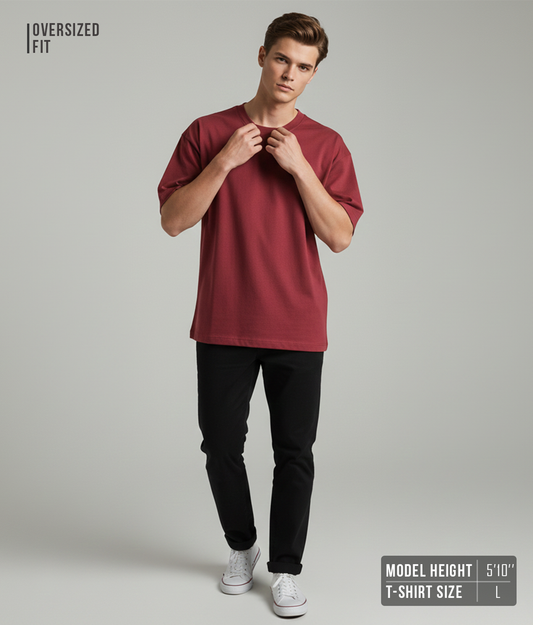 Maroon Solid Oversized T-Shirt for Men | Heavyweight Cotton | Boxy Fit Streetwear Tee