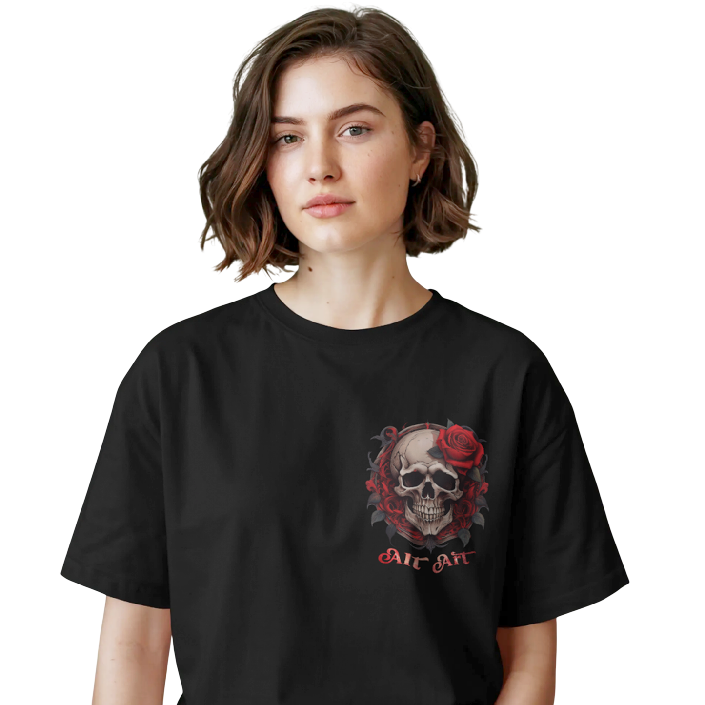 Skull & Rose Black Oversized T-Shirt for Women & Girls - Graphic Printed Oversized T-shirt