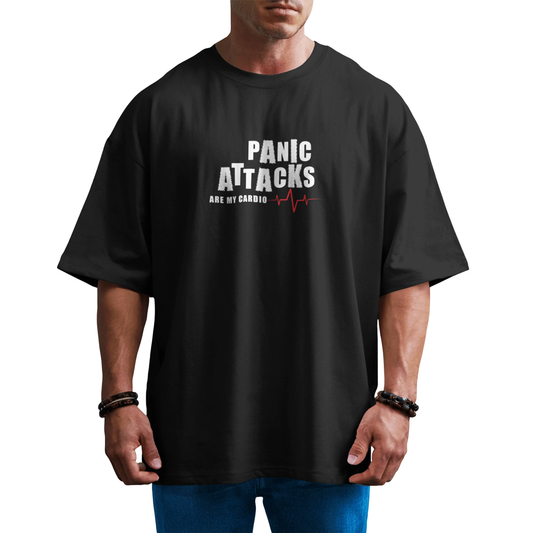 Panic Attacks Are My Cardio Black Funny Graphic Oversized T-Shirt for Men & Boys – Sarcastic Graphic Printed Drop Shoulder 100% Cotton T-Shirt