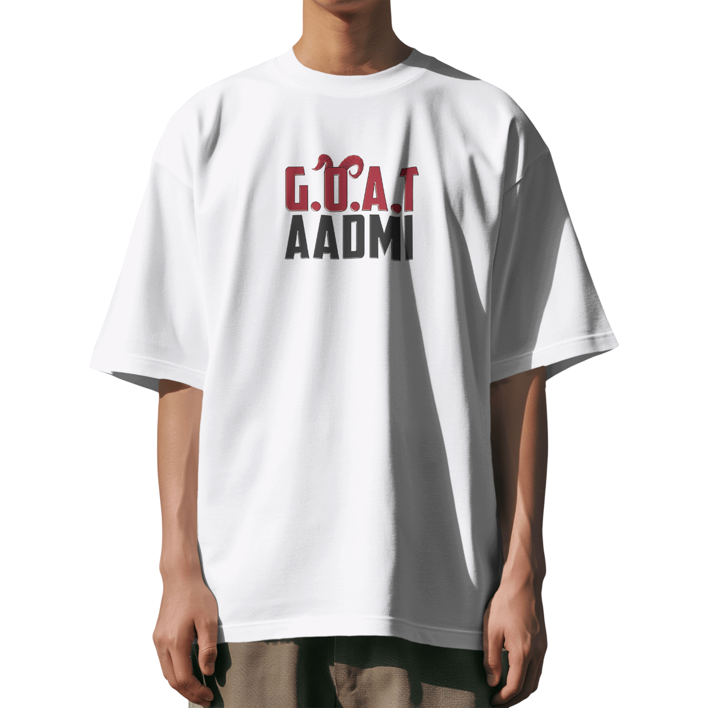 GOAT Aadmi Funny Graphic Oversized T-Shirt for Men & Boys White – Sarcastic Graphic Printed Drop Shoulder 100% Cotton T-Shirt