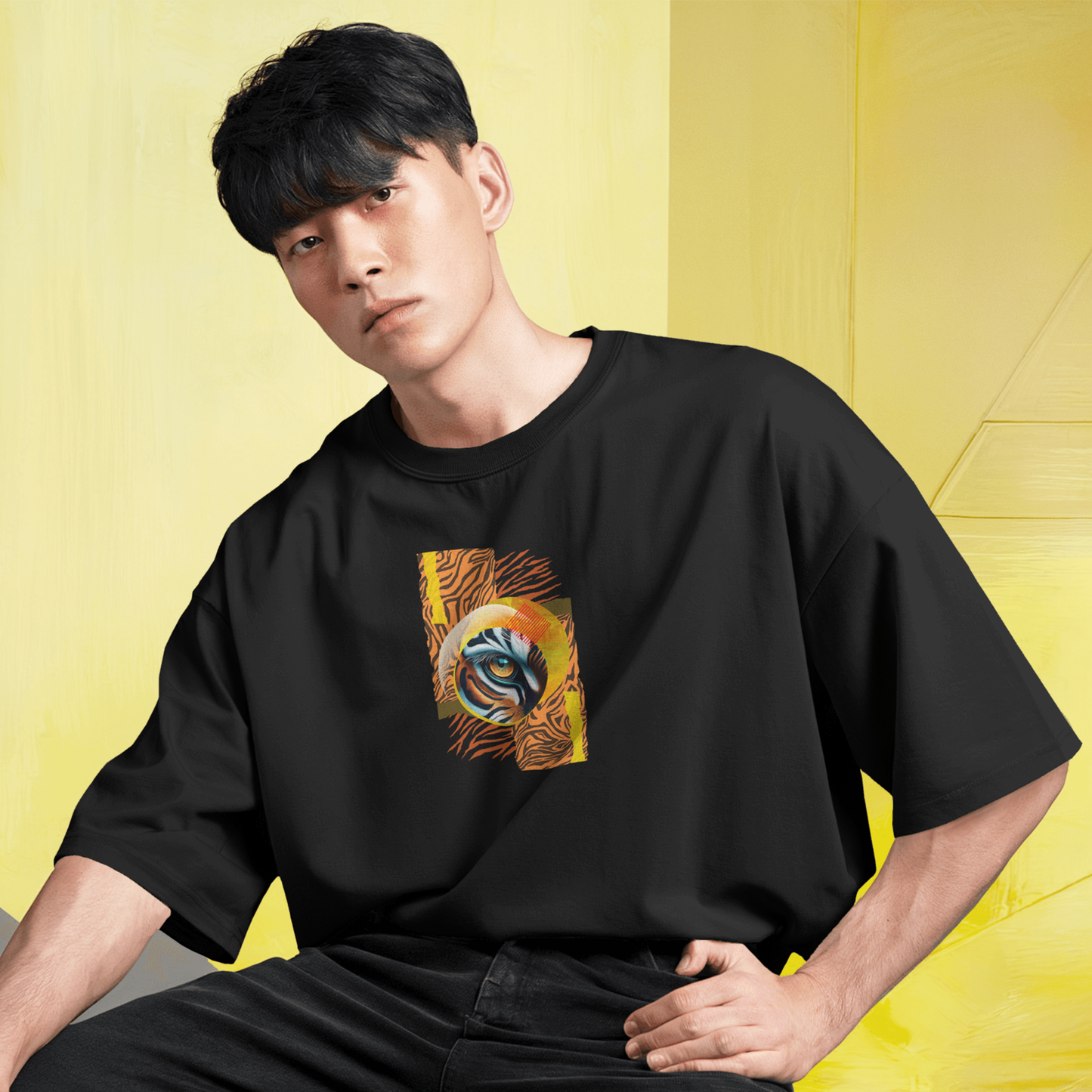Predator’s Gaze Black Oversized T-Shirt for Men & Boys – Bold Tiger Eye Graphic Tee