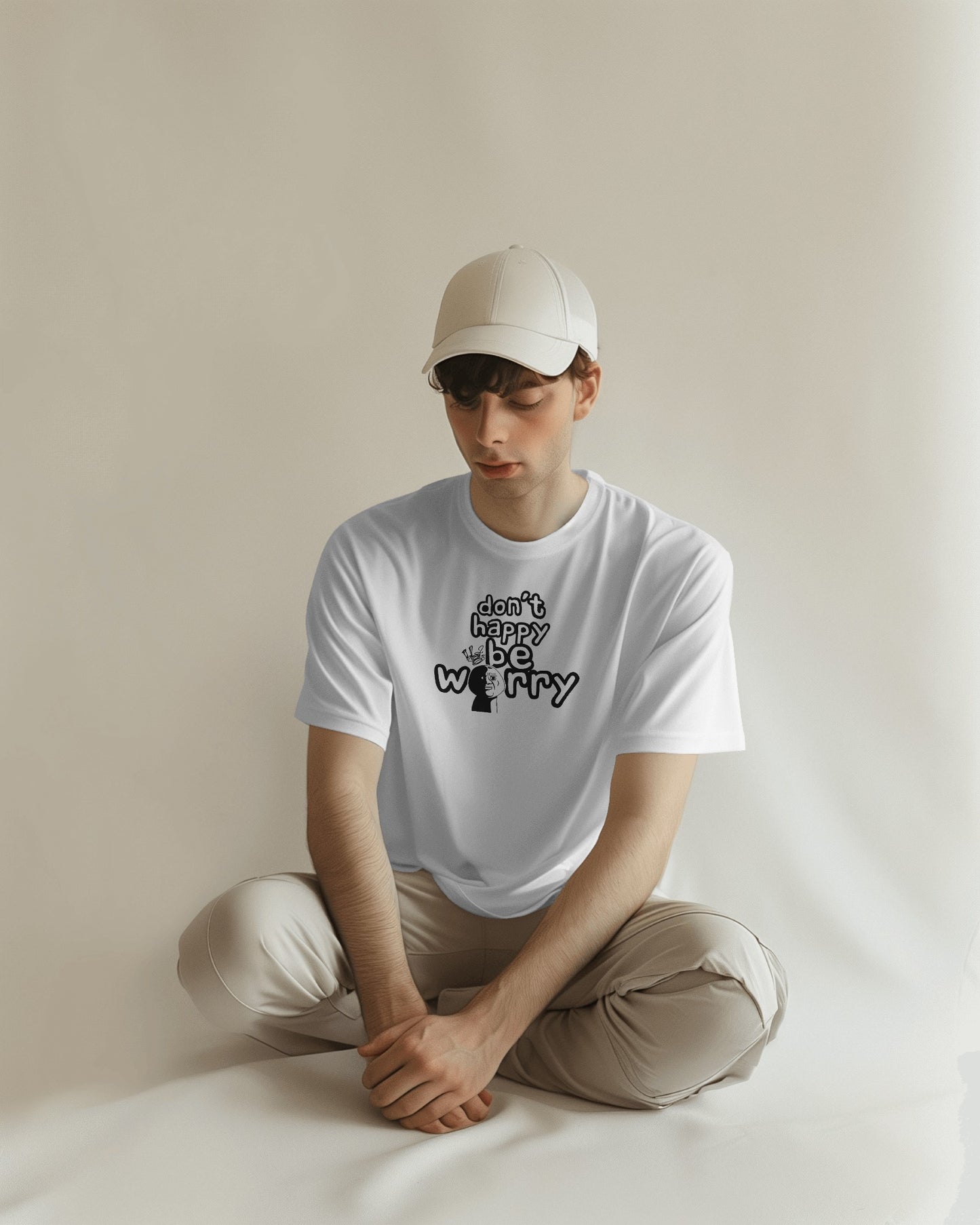 Don’t Happy Be Worry – White Oversized T-Shirt for Men & Boys