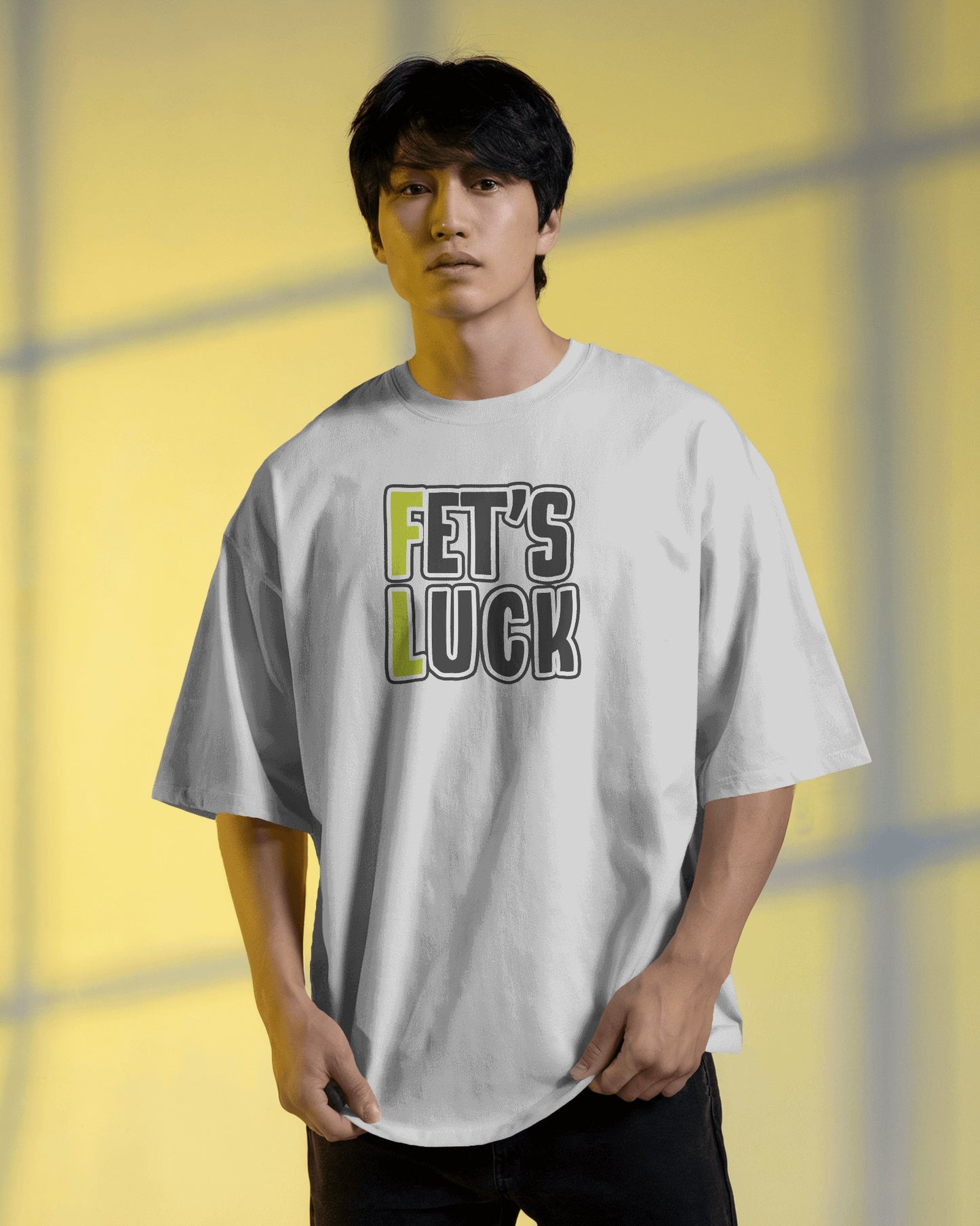 Fet’s Luck Funny Oversized T-Shirt White for Men & Boys – Sarcastic Graphic Printed Drop Shoulder 100% Cotton T-Shirt