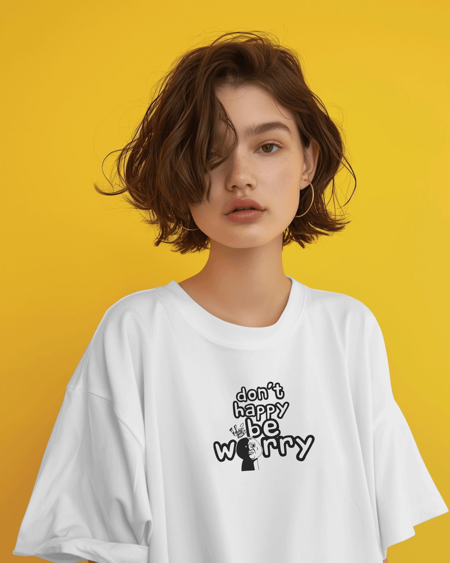 Don’t Happy Be Worry – White Oversized T-Shirt for Women
