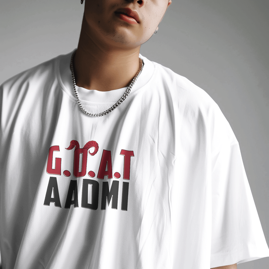 GOAT Aadmi Funny Graphic Oversized T-Shirt for Men & Boys White – Sarcastic Graphic Printed Drop Shoulder 100% Cotton T-Shirt