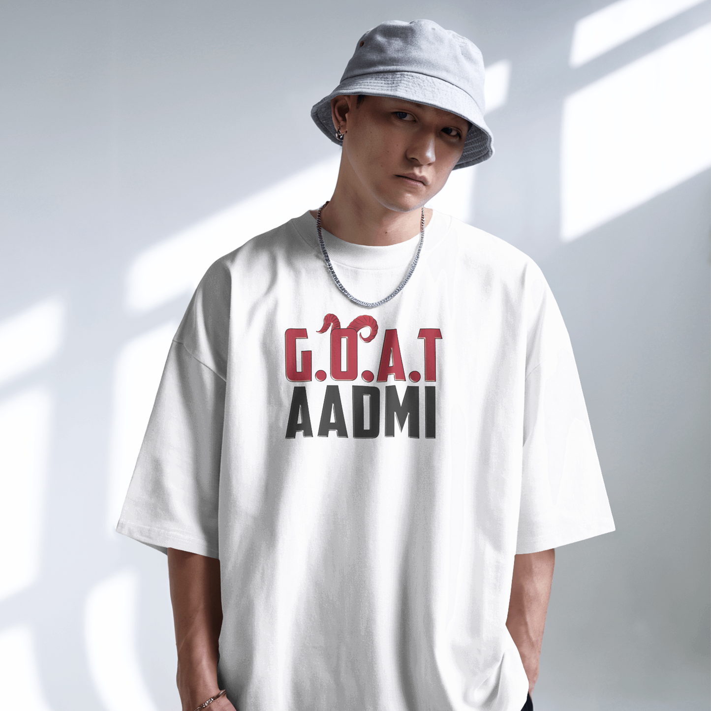 GOAT Aadmi Funny Graphic Oversized T-Shirt for Men & Boys White – Sarcastic Graphic Printed Drop Shoulder 100% Cotton T-Shirt
