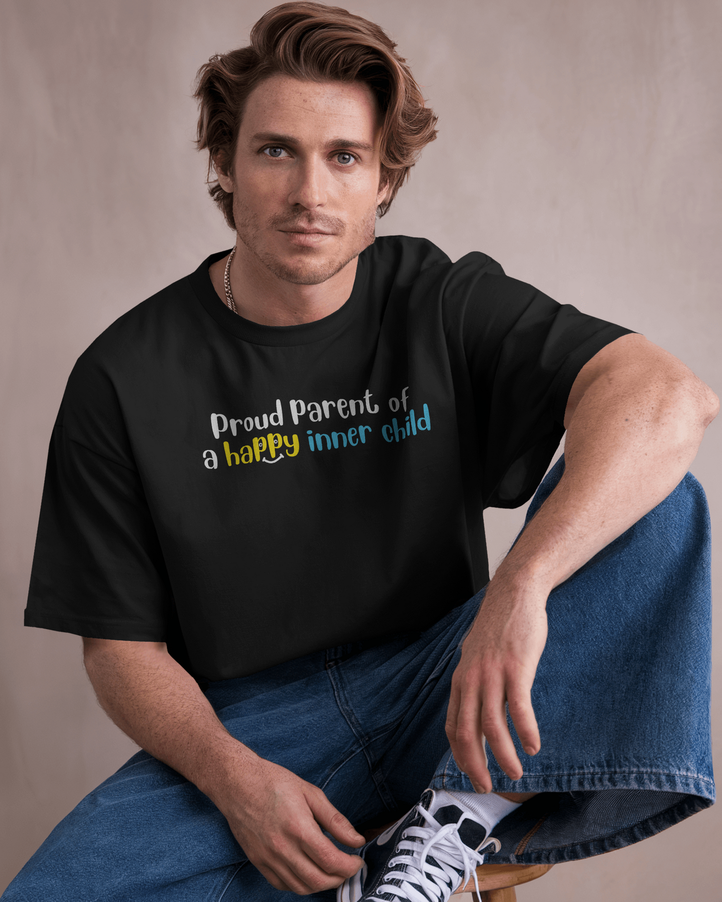 Proud Parent of a Happy Inner Child – Black Oversized Fit T-Shirt for Men & Boys