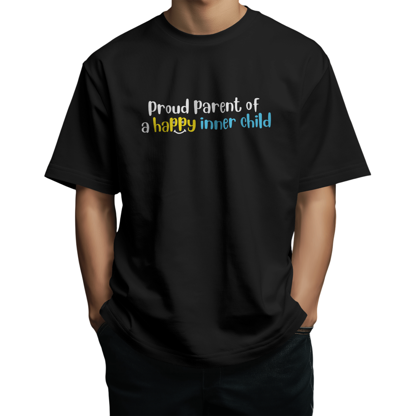 Proud Parent of a Happy Inner Child – Black Oversized Fit T-Shirt for Men & Boys