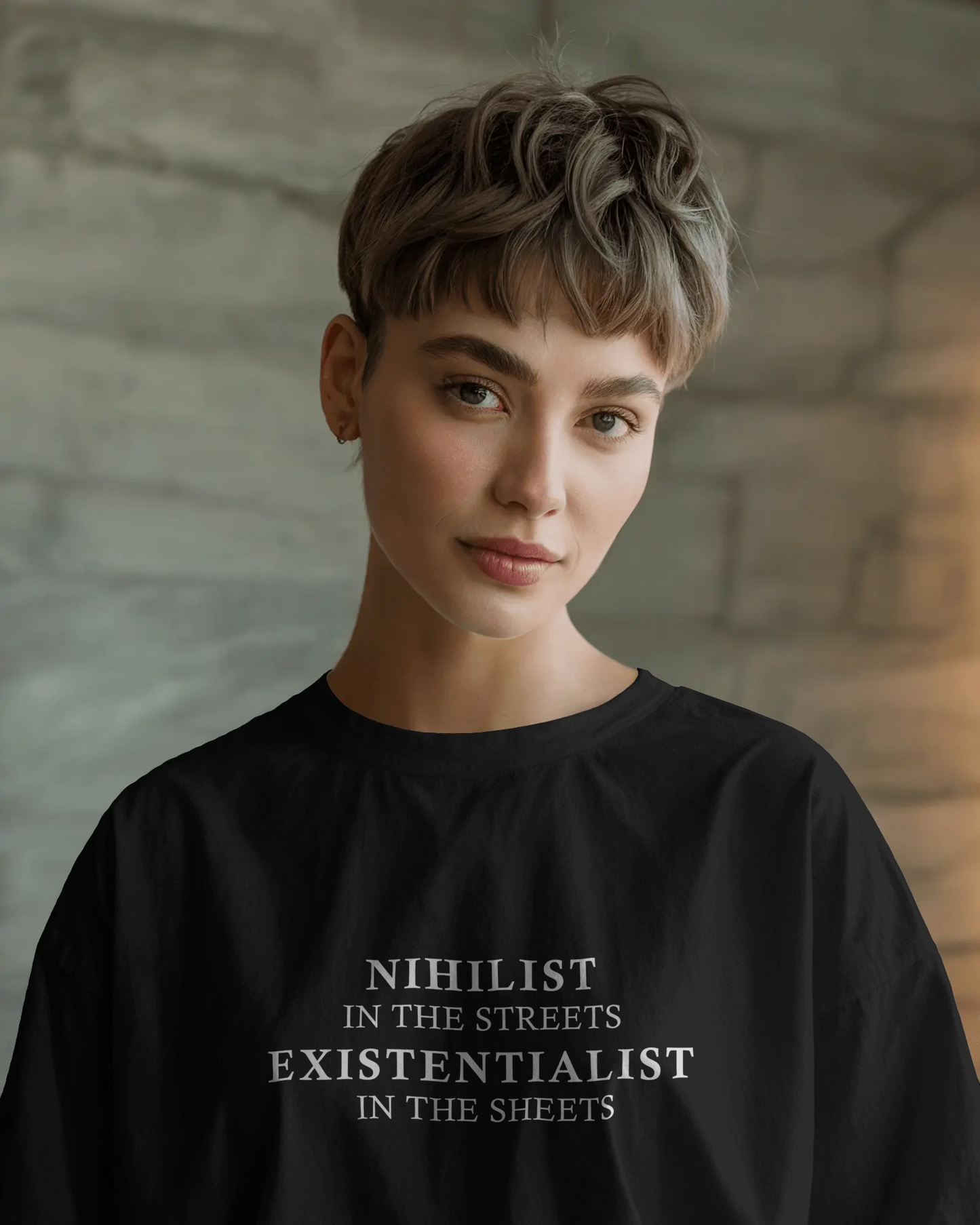 Nihilist in the Streets, Existentialist in the Sheets – Black Oversized T-Shirt for Women & Girls Bold Dark Humor Tee