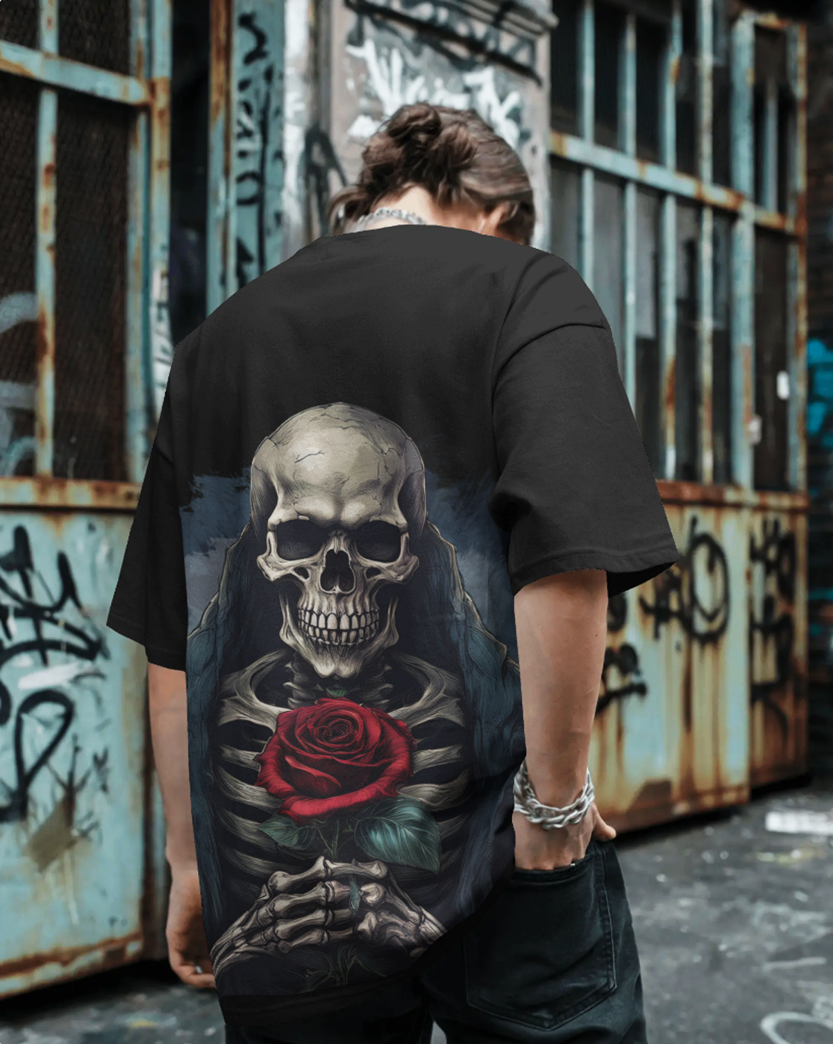 Rose of the Reaper Men's Oversized Black T-Shirt – Gothic Skeleton Rose Graphic Streetwear