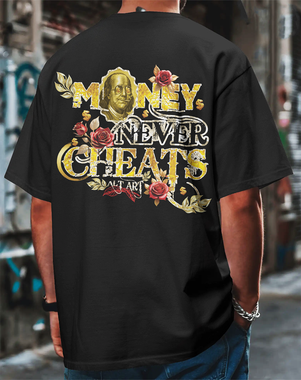 Money Never Cheats Men's Black Graphic Printed Oversized T-Shirt