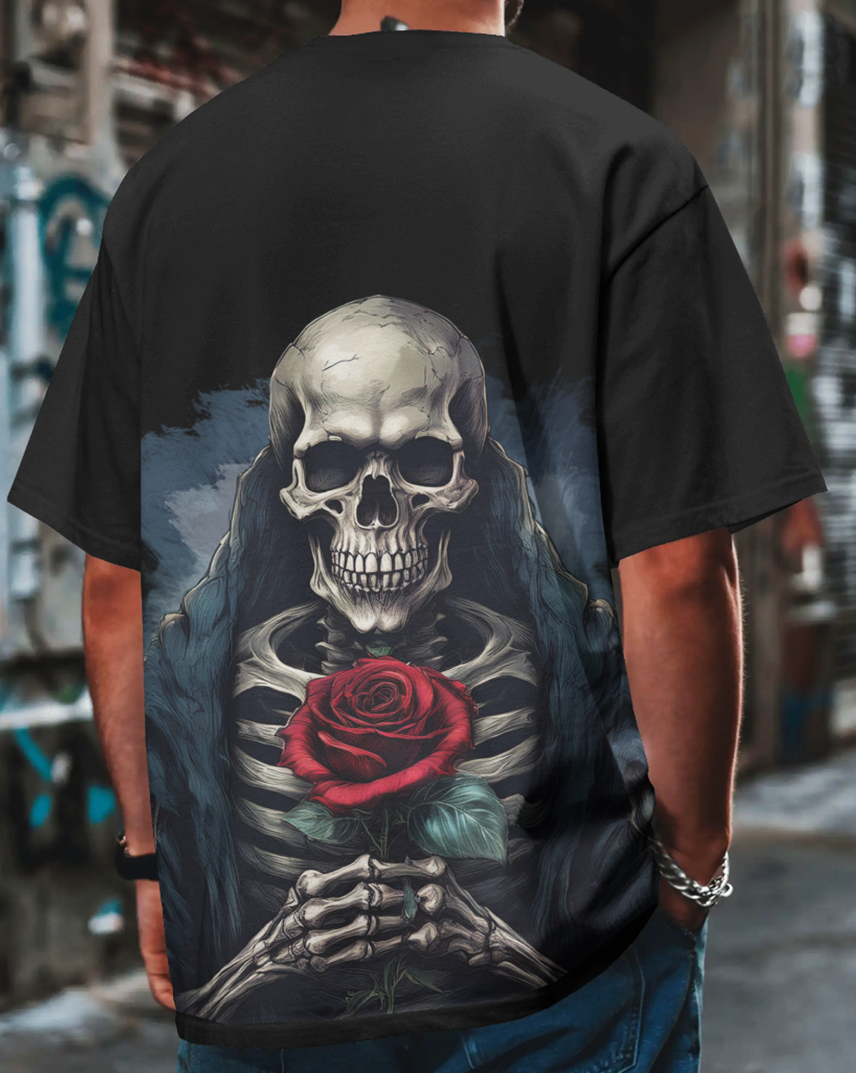 Rose of the Reaper Men's Oversized Black T-Shirt – Gothic Skeleton Rose Graphic Streetwear