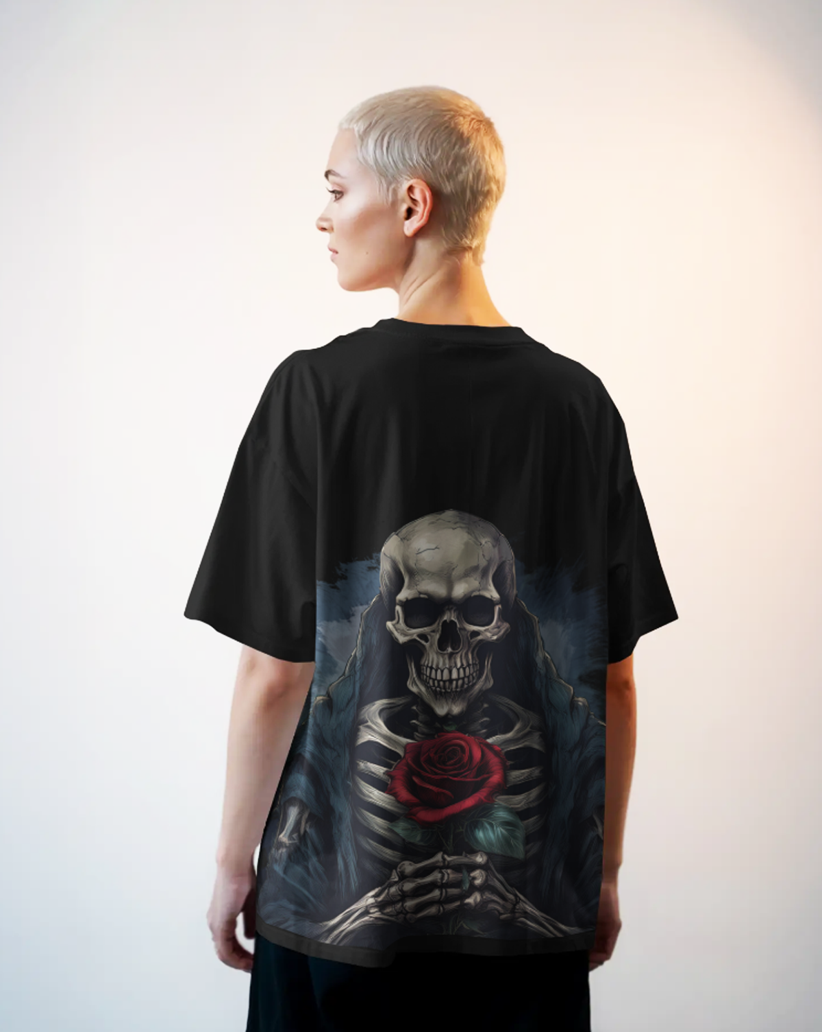 Rose of the Reaper Women's Oversized Black T-Shirt – Skeleton & Rose Graphic Tee