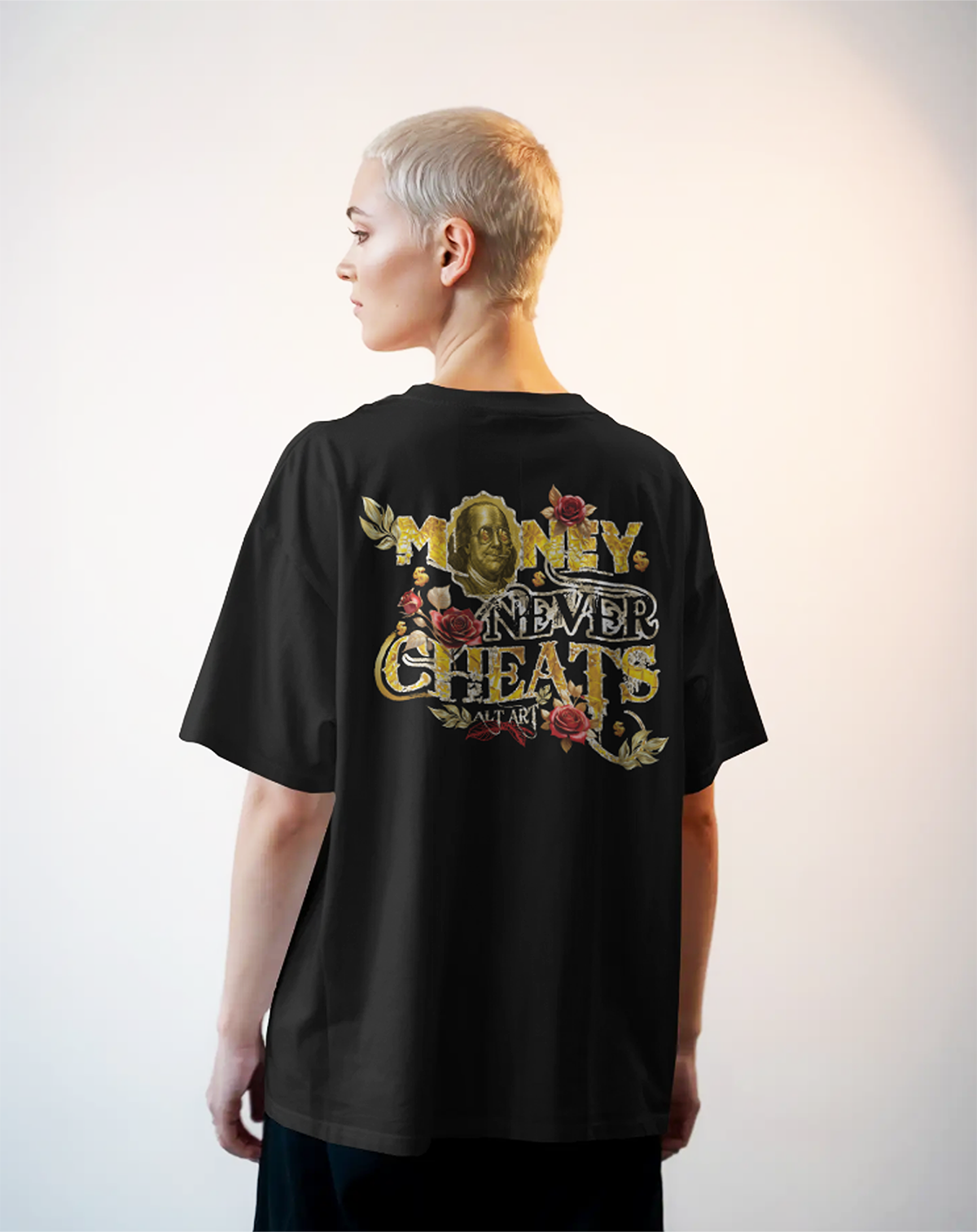 Money Never Cheats Women's Black Graphic Printed Oversized T-Shirt