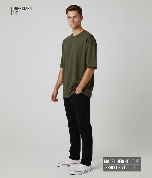 Moss Green Oversized T-Shirt for Men | Heavyweight Solid Cotton | Drop Shoulder Boxy Fit