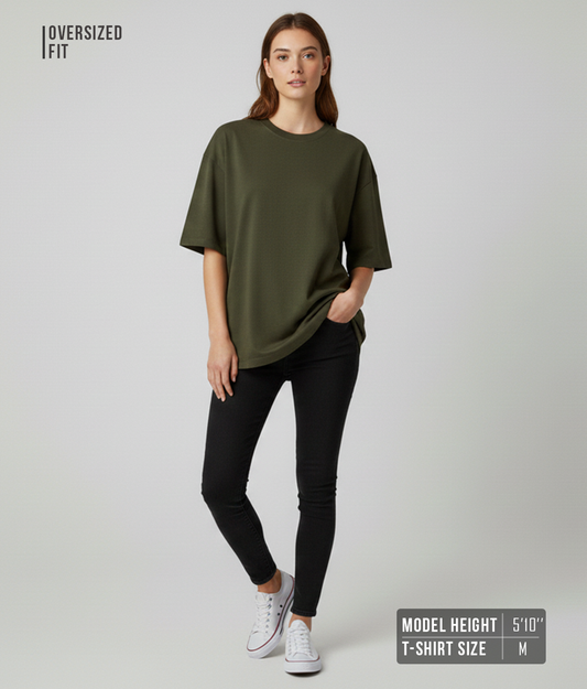 Moss Green Oversized T-Shirt for Women | Heavyweight Solid Cotton | Relaxed Drop Shoulder Fit